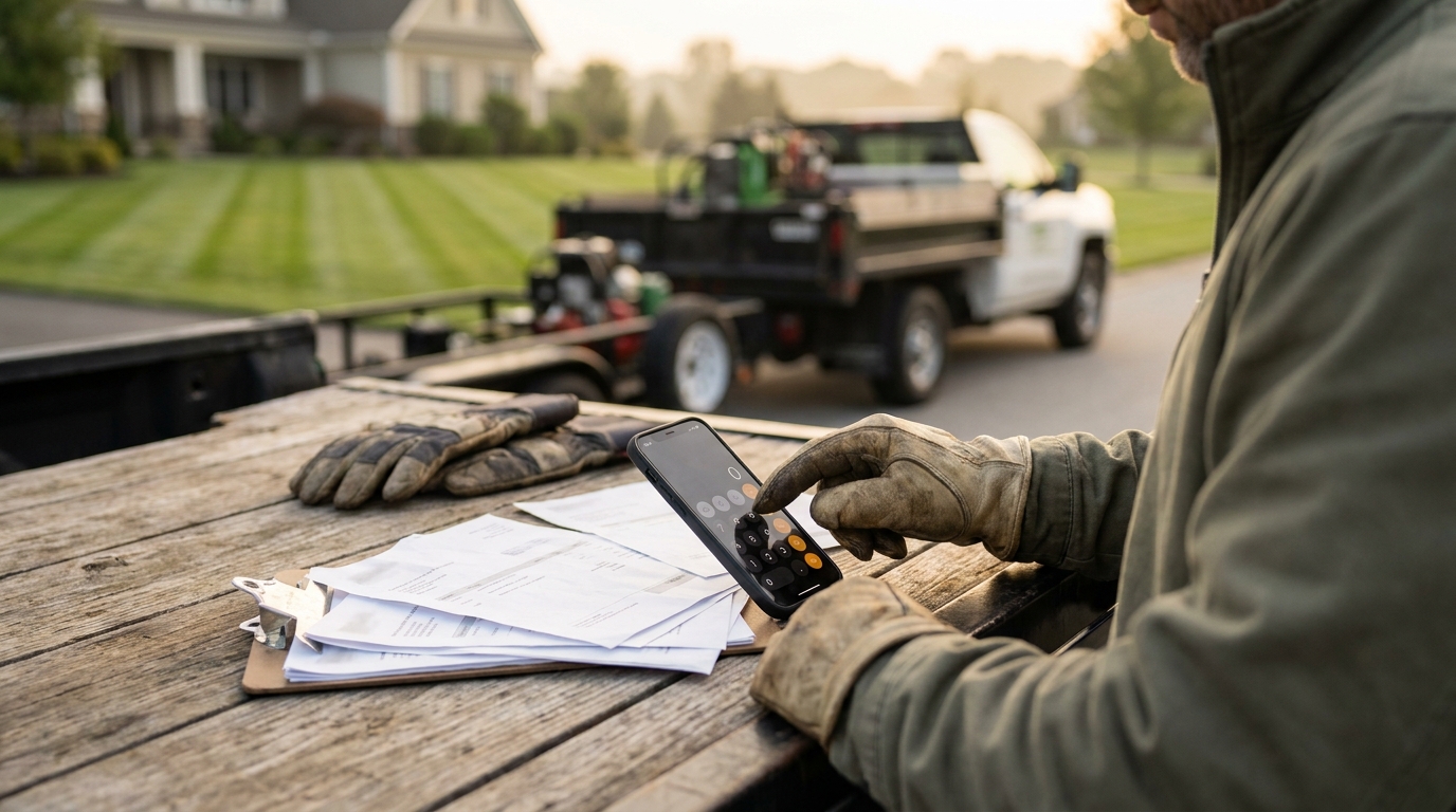 Landscaping crew leader working out software costs on a phone beside invoices on a truck tailgate