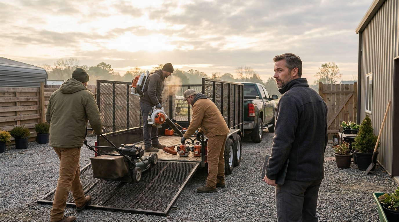 Four-person landscaping crew loading a trailer at dawn, the crew size that decides a per-seat software bill