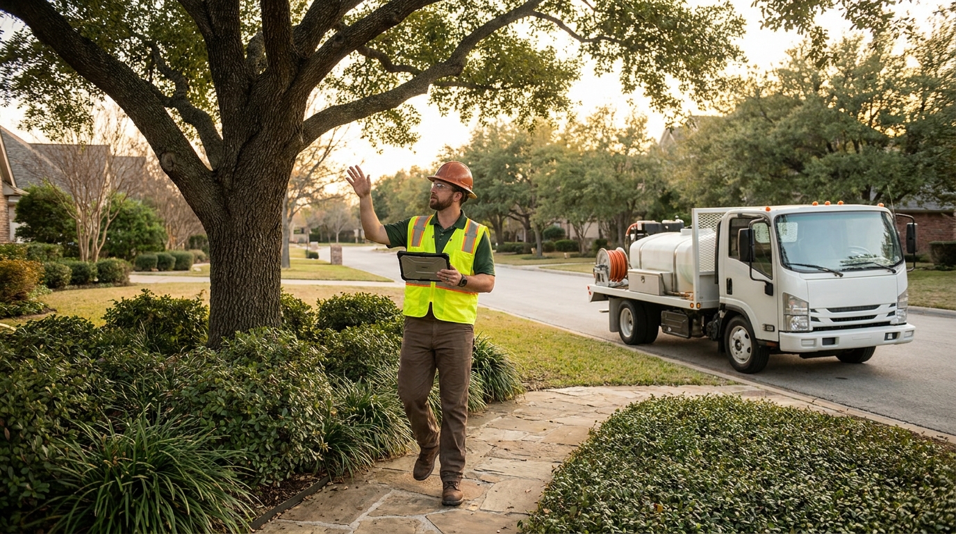 Arborist with a tablet inspecting a mature tree, the plant health care work Arborgold's upper tiers are built for