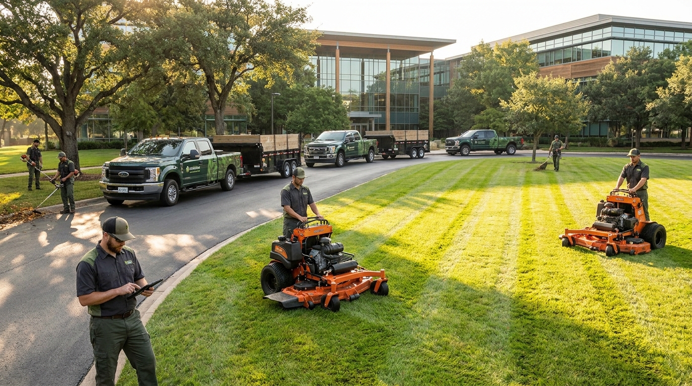 Commercial landscape maintenance crew and three branded trucks working a corporate campus, the operation scale Aspire is built for