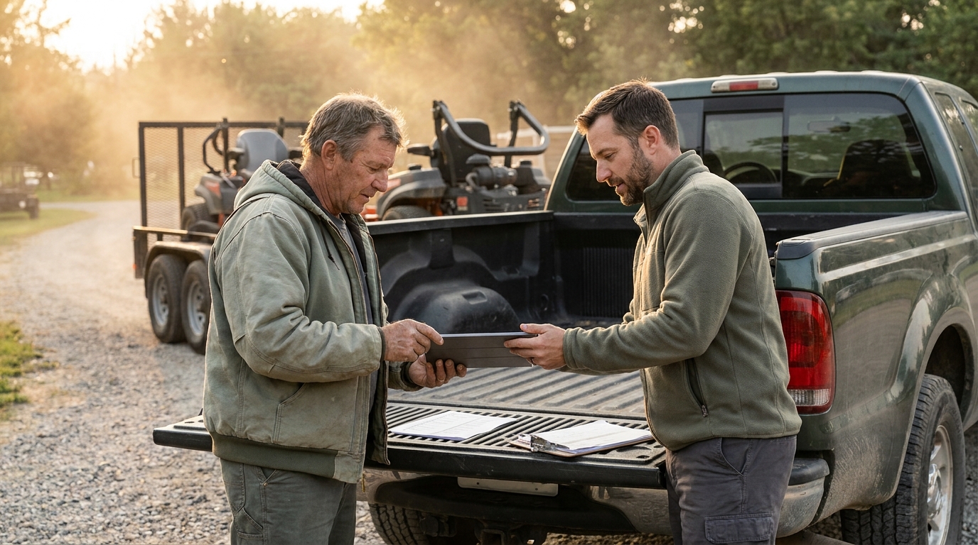 Landscape crew foreman and business owner reviewing a tablet at a truck tailgate at the end of the workday