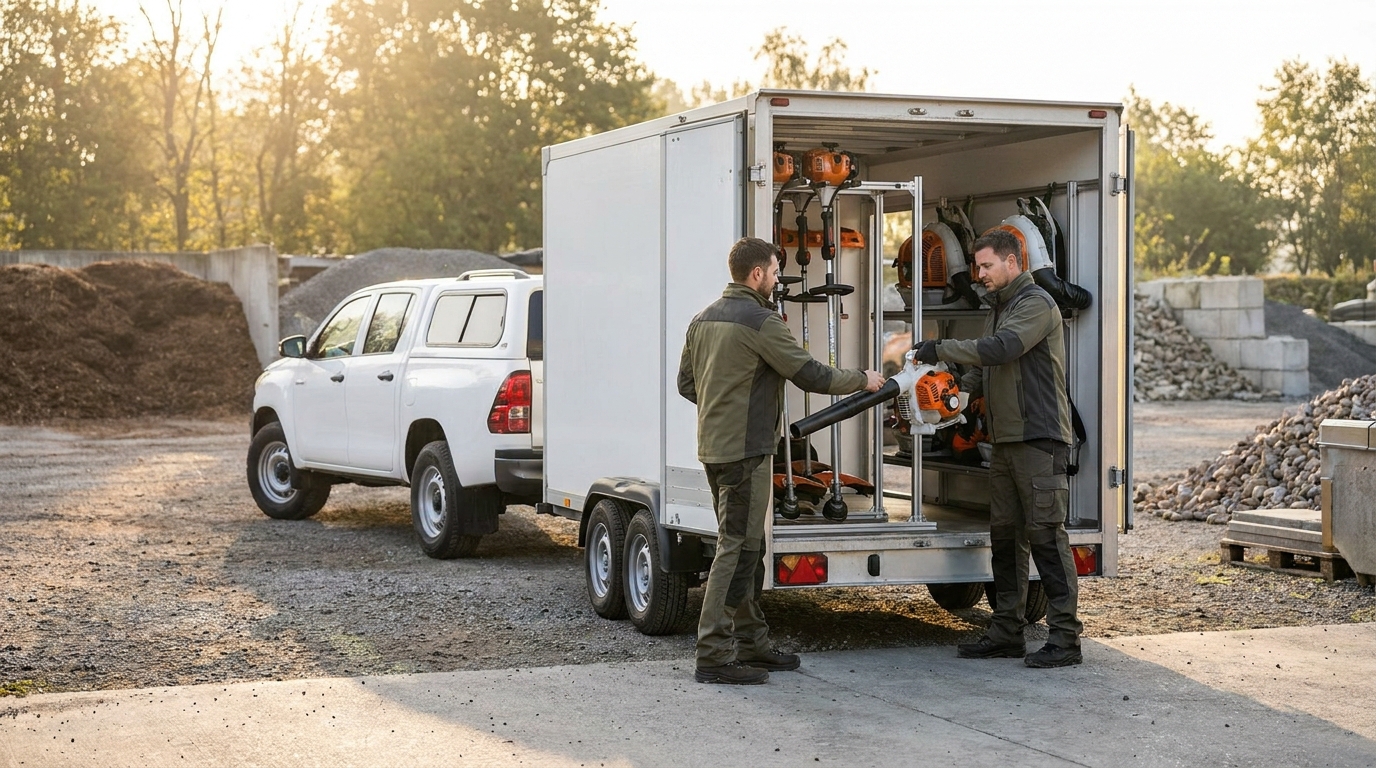 Landscaping crew loading equipment into a branded trailer, illustrating landscape management software for small crews