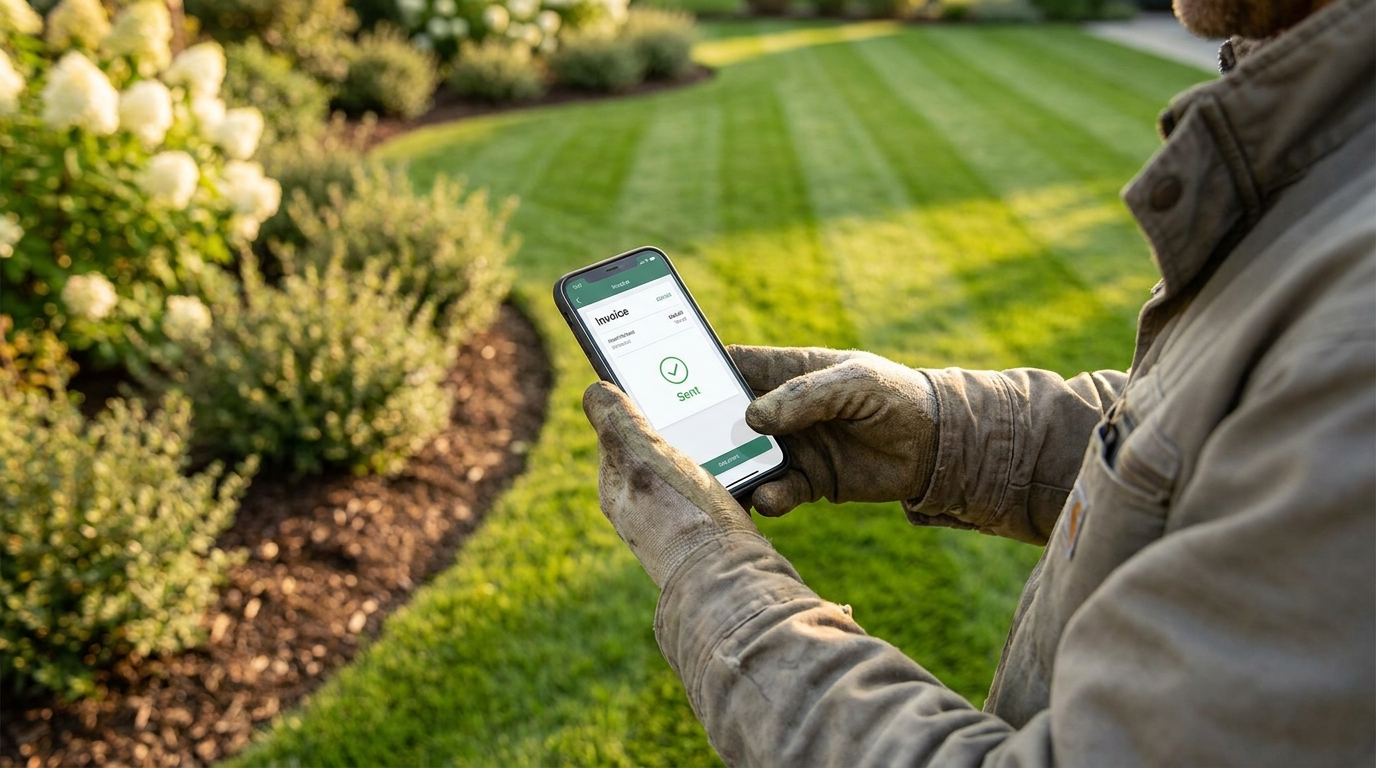 Landscaper sending an invoice from a phone in front of a finished lawn, showing how landscape software helps you get paid