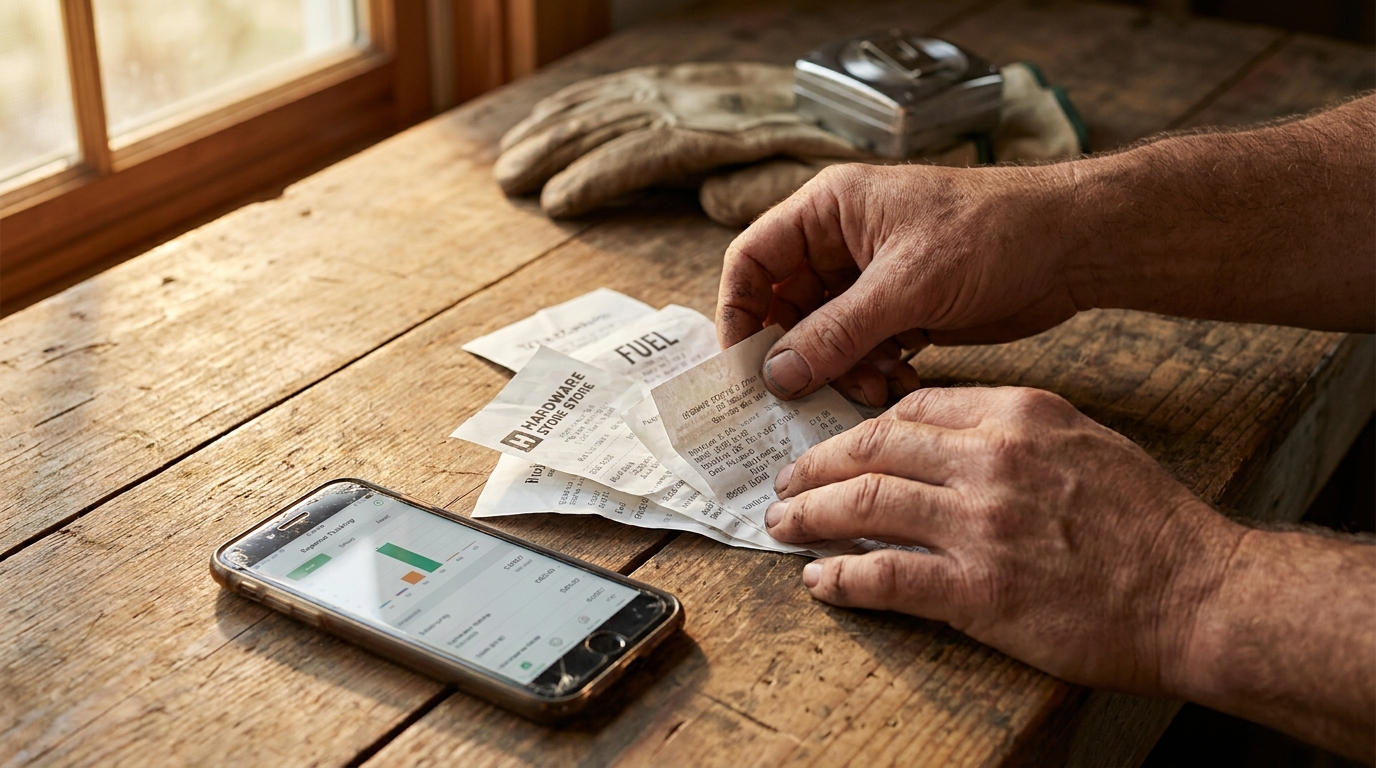 Landscaper sorting fuel and hardware-store receipts next to a phone logging a business expense