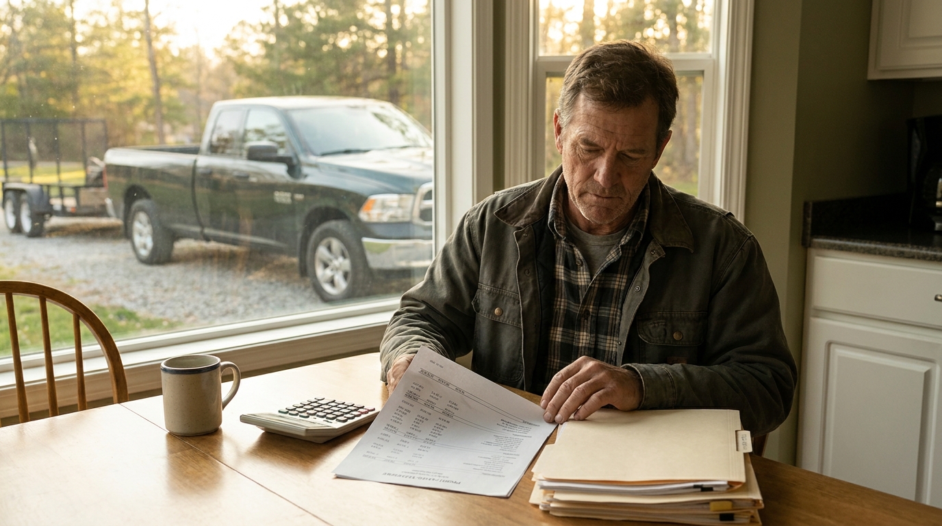 Landscaping business owner reviewing a printed profit-and-loss report with a calculator at a kitchen table