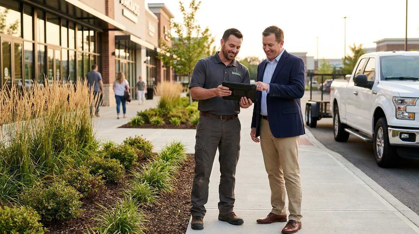 A landscape contractor and a commercial property manager reviewing site work together on a tablet at a retail plaza