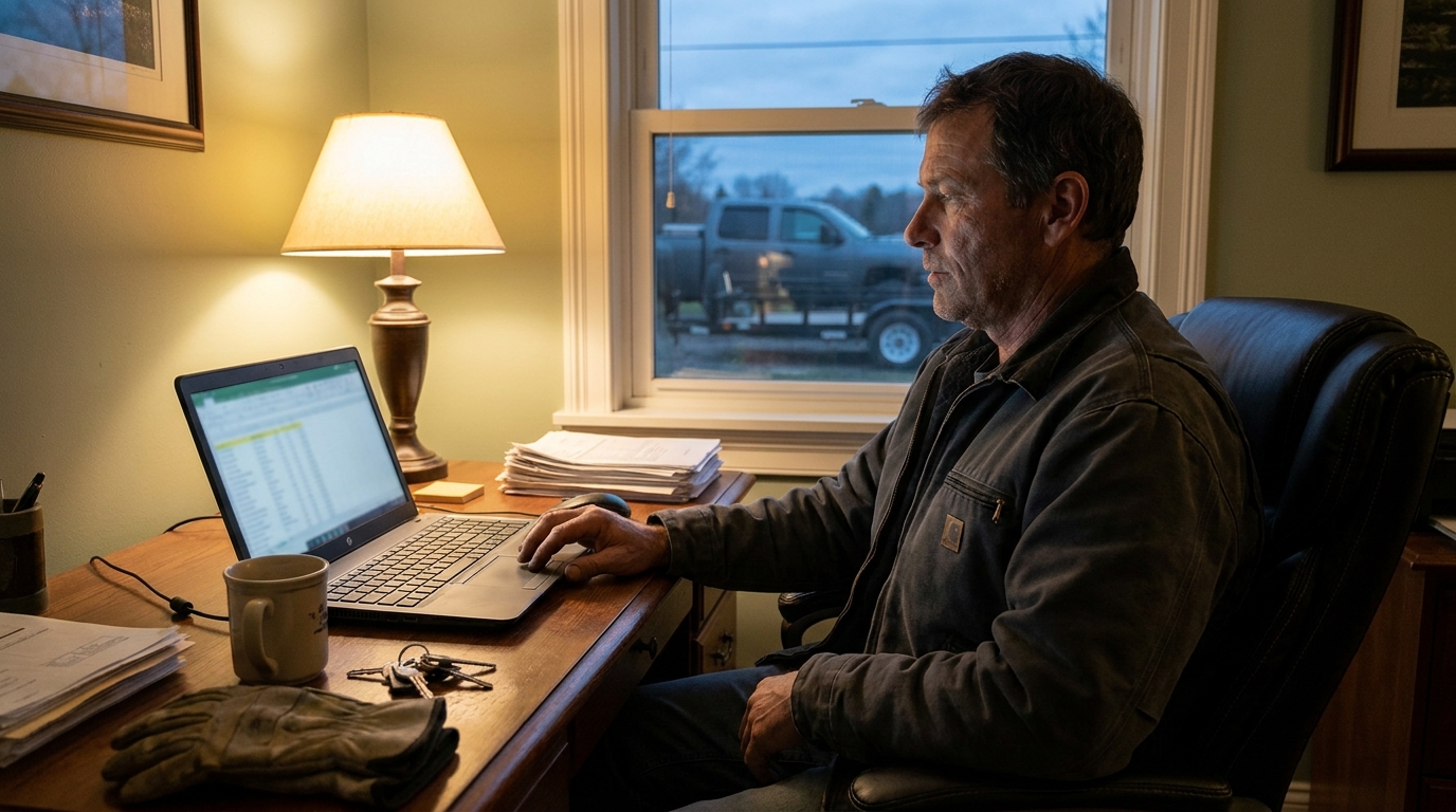 A landscaping business owner reviewing printed invoices and a maintenance contract at a home office desk in the evening