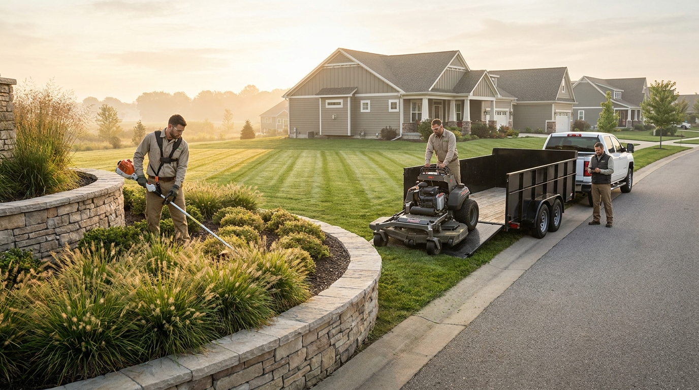 A landscaping crew maintaining the entrance island of an HOA community at sunrise