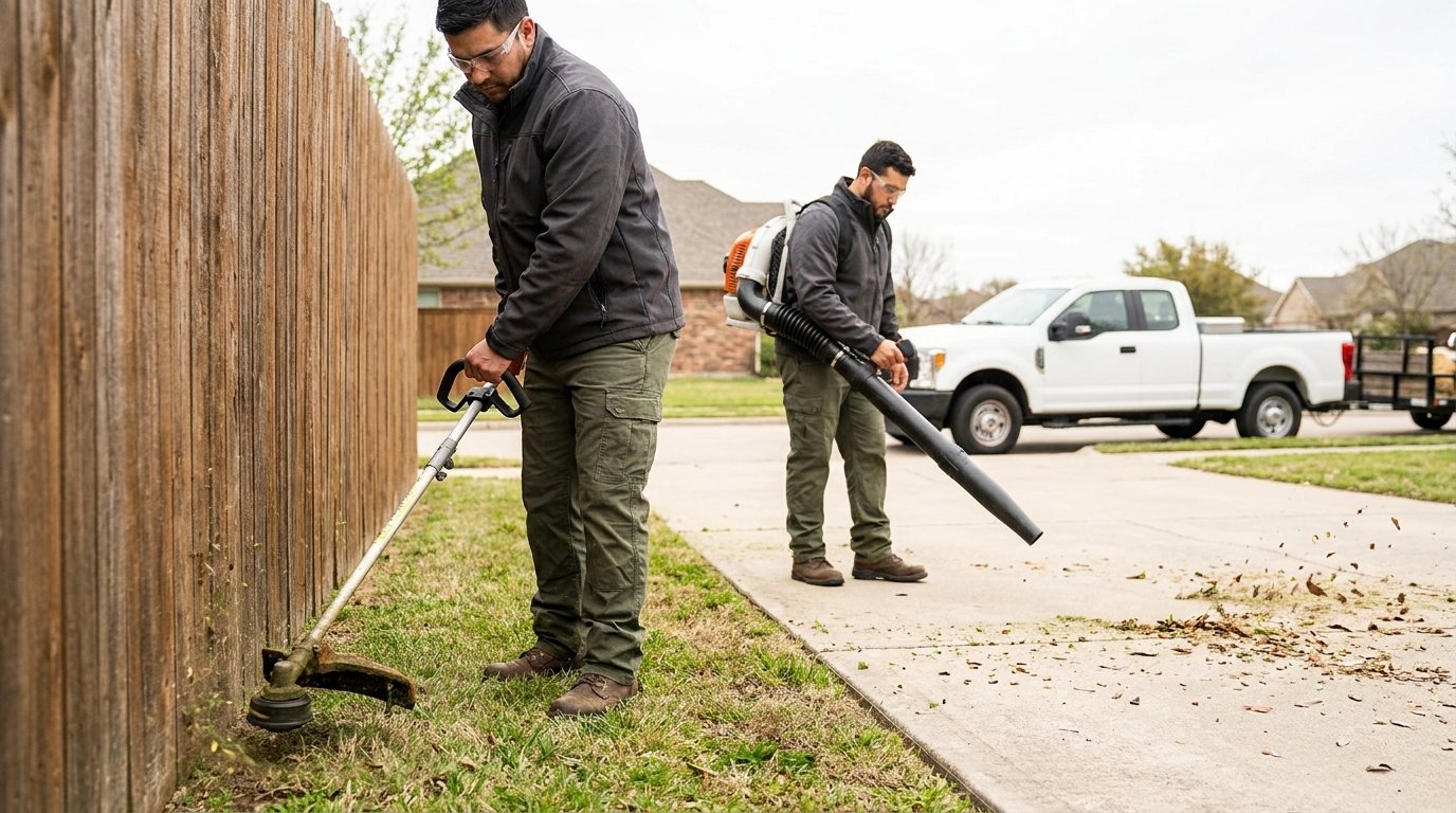 Landscaping crew doing string trimming and blowing detail work along property edges, the tasks a robotic mower does not perform