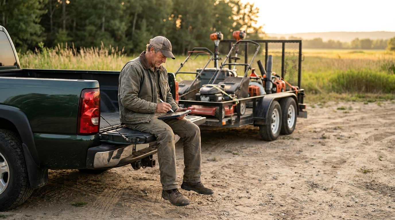 Landscaping business owner reviewing equipment cost figures on a tablet at the tailgate of a work truck