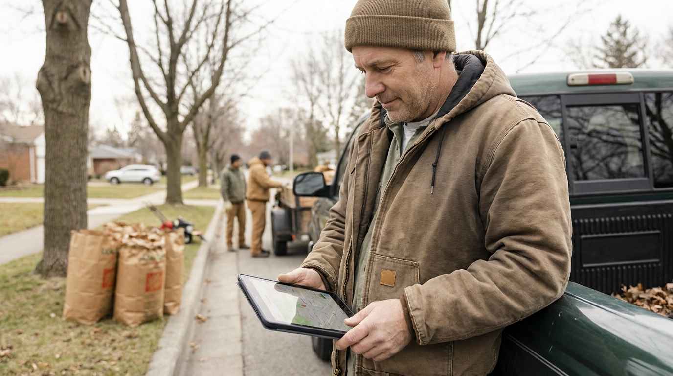 Landscaping business owner checking the day route on a tablet at a truck tailgate on an autumn street