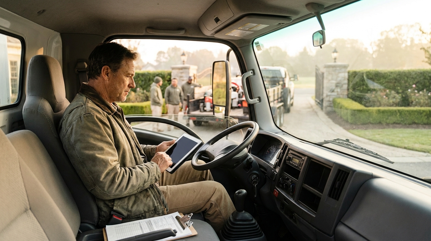 Landscaping contractor reviewing the day's grounds maintenance route and job list on a tablet in a work truck