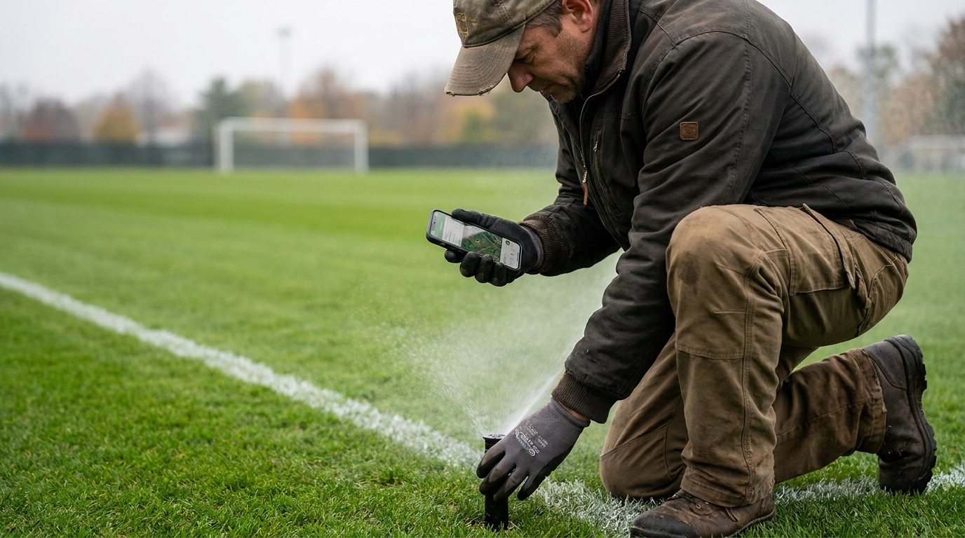 Groundskeeper checking an irrigation head on an athletic field and logging the inspection on a phone