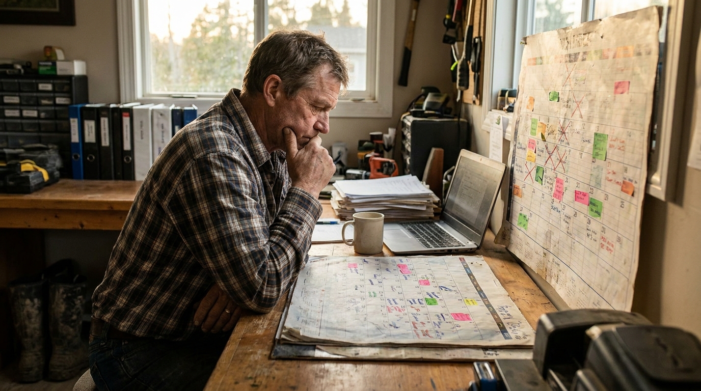 Landscaping business owner planning the season on a large paper wall planner in a small office