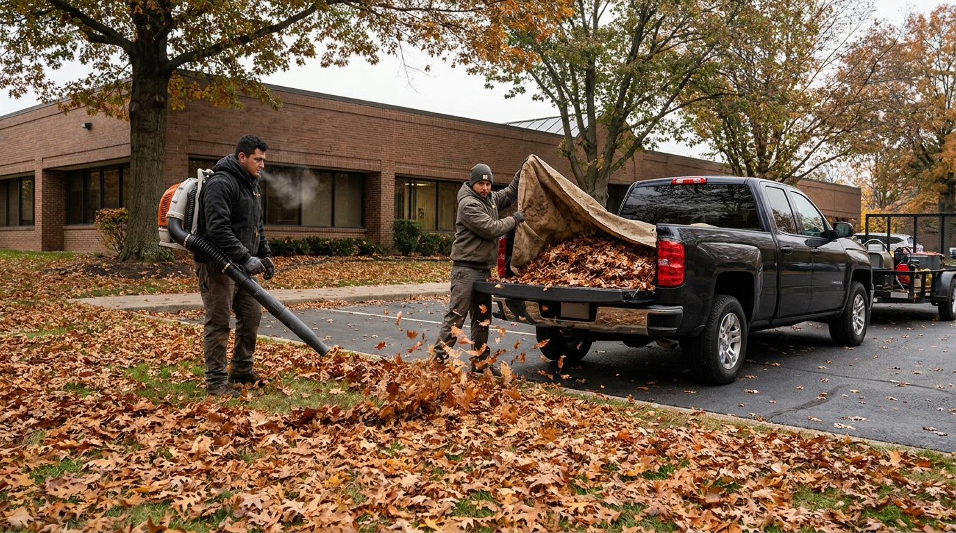 Two-person landscaping crew running a fall cleanup with a backpack blower and debris tarp