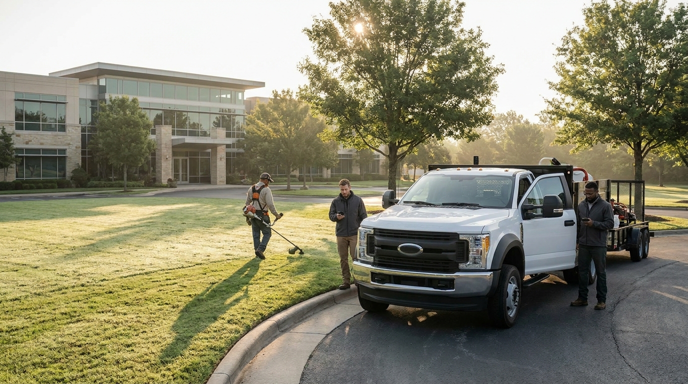 Landscaping truck and trailer at a commercial property while a crew member checks the day's route on a phone
