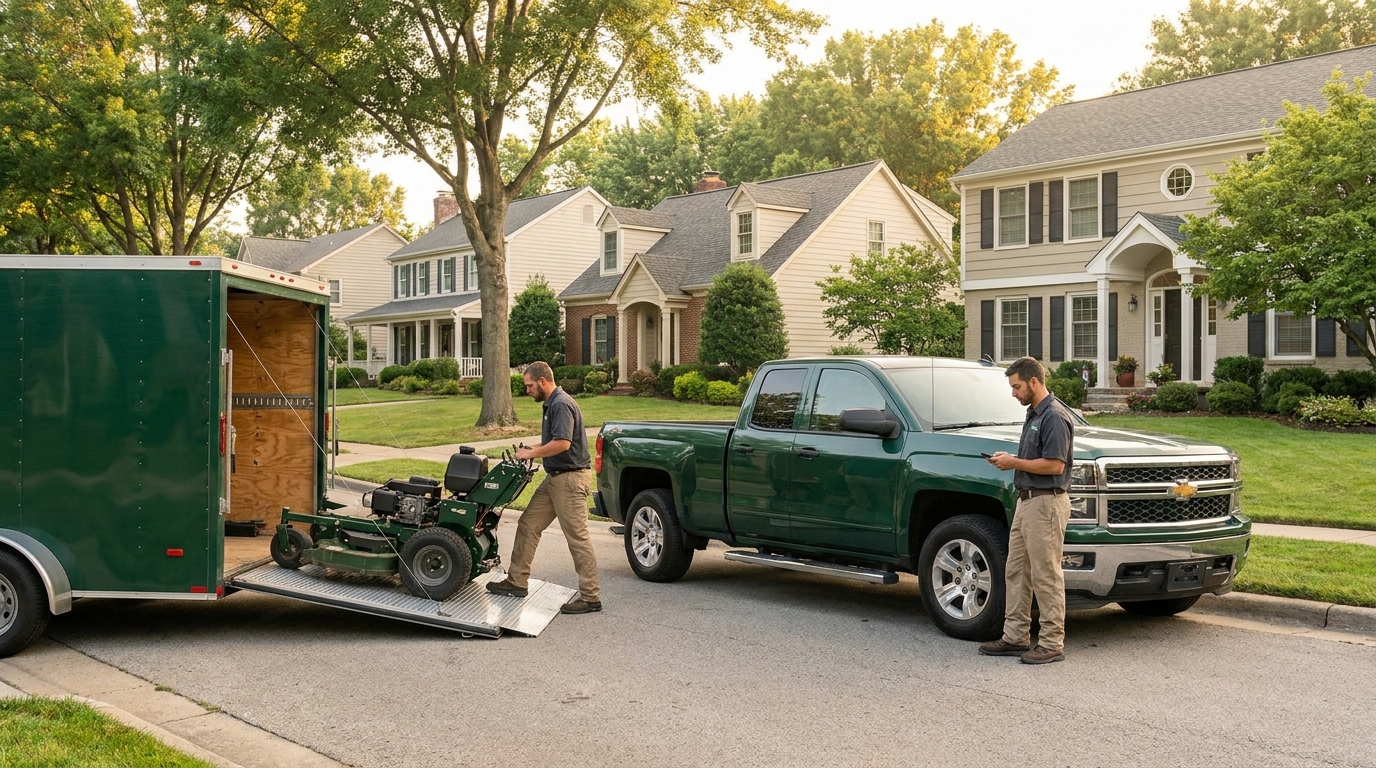 Lawn crew truck and trailer parked on a suburban street with several properties on the same block, illustrating route density for landscaping route optimization software