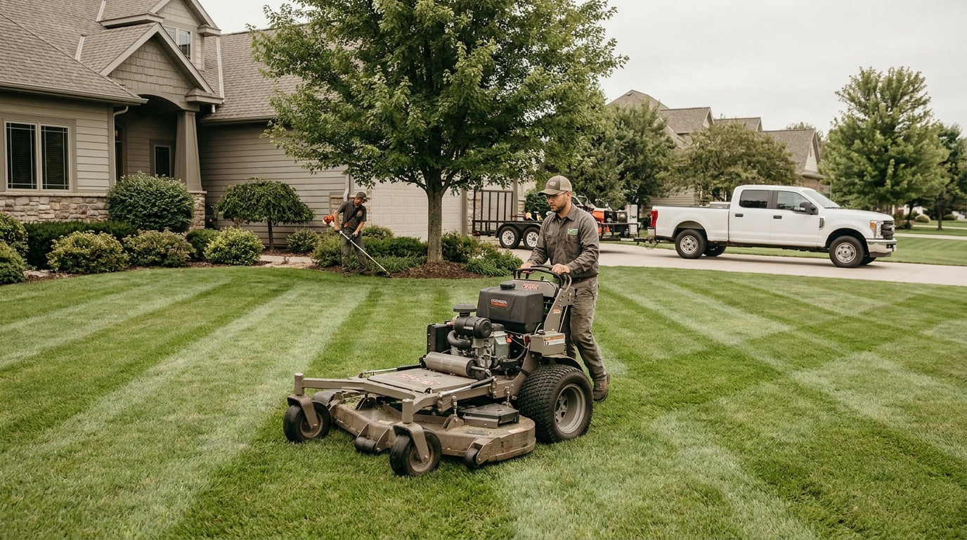 Landscaper mowing a residential lawn in clean stripes on a routine weekly maintenance visit