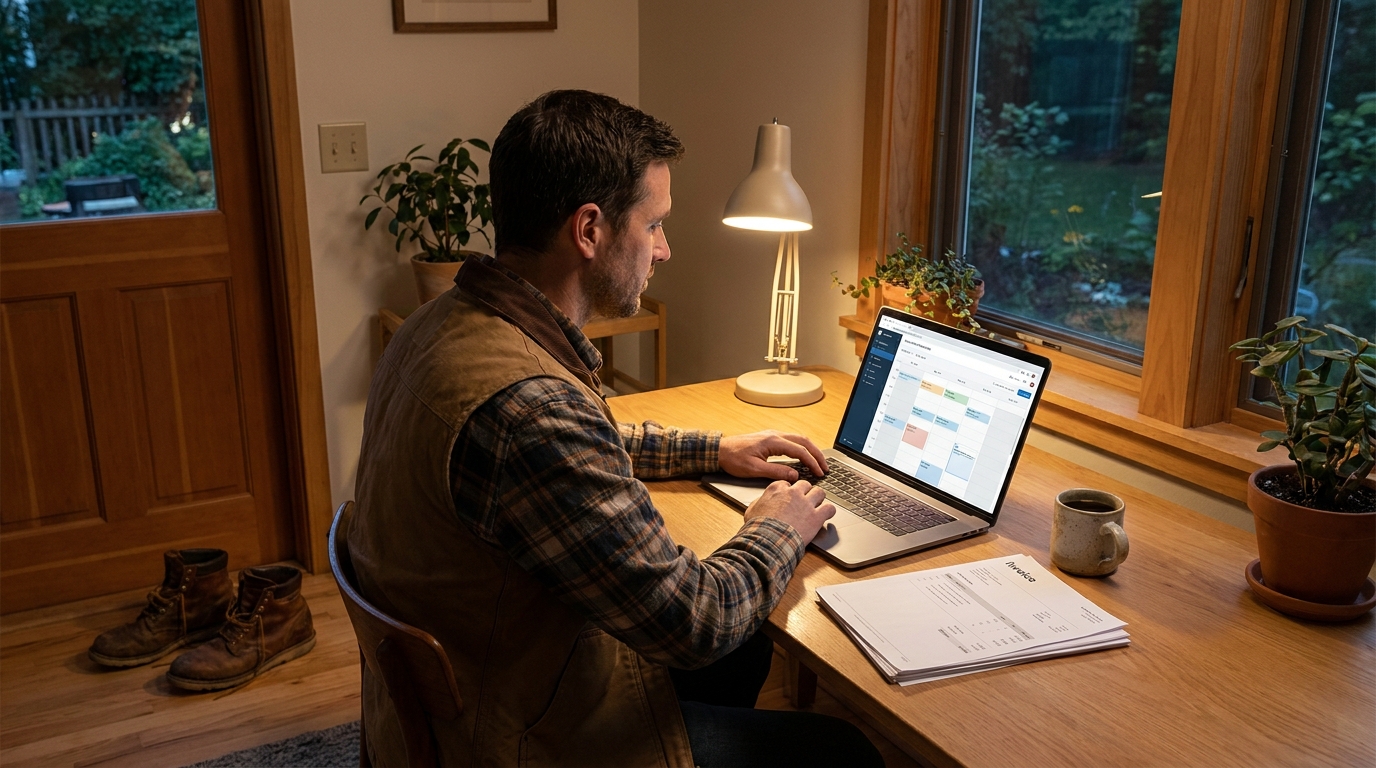 Landscaping business owner reviewing invoices and books on a laptop at a home office desk in the evening