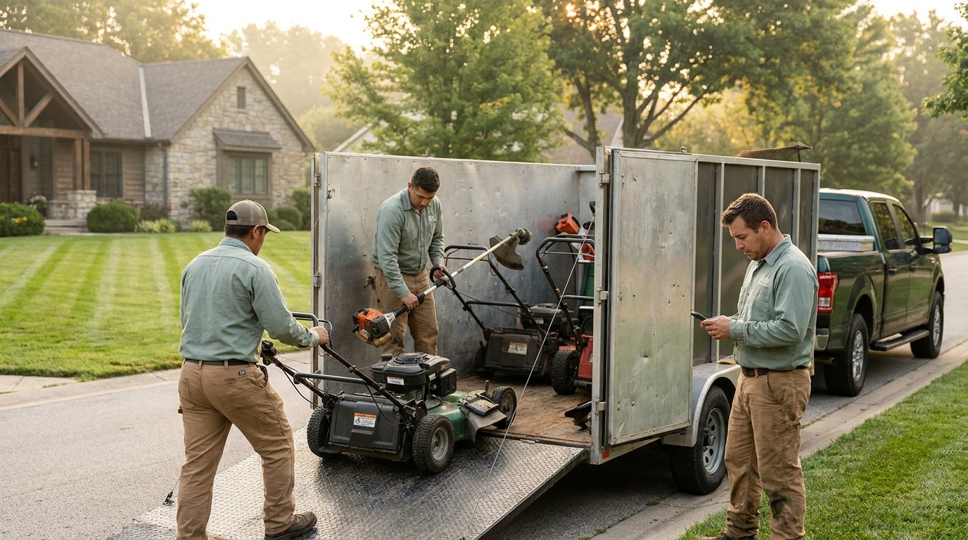 Small landscaping crew loading mowers into a trailer, illustrating the per-user seat cost of field service software