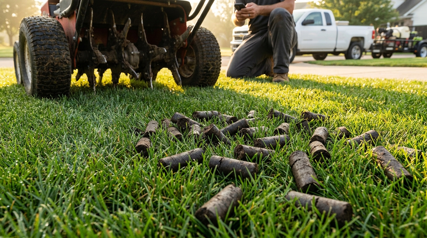 Fresh soil core plugs on turf after core aeration with a walk-behind aerator's tines above