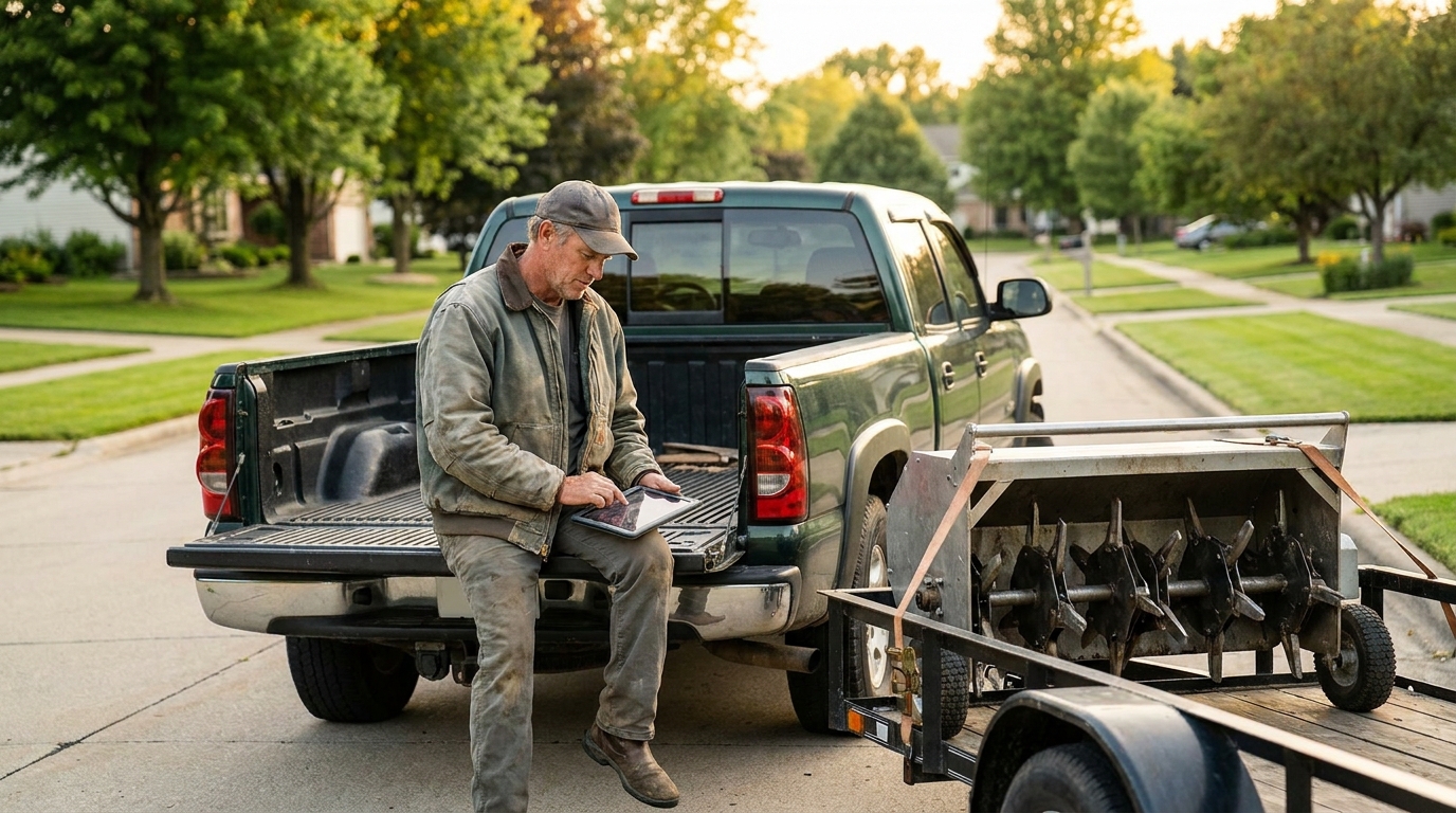 Landscaping business owner pricing an aeration job on a tablet at the tailgate of his work truck