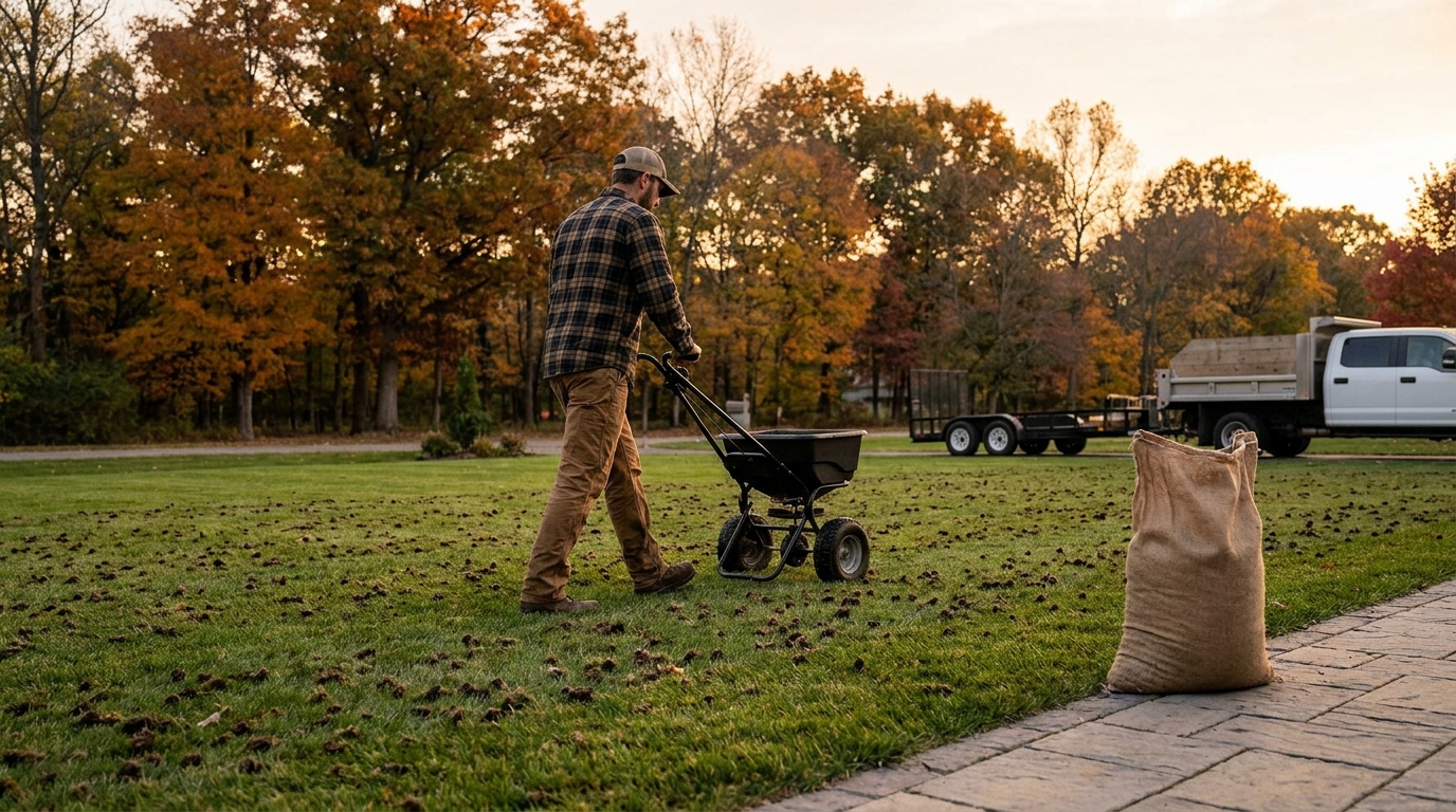 Landscaper broadcasting grass seed with a rotary spreader over a freshly core-aerated autumn lawn