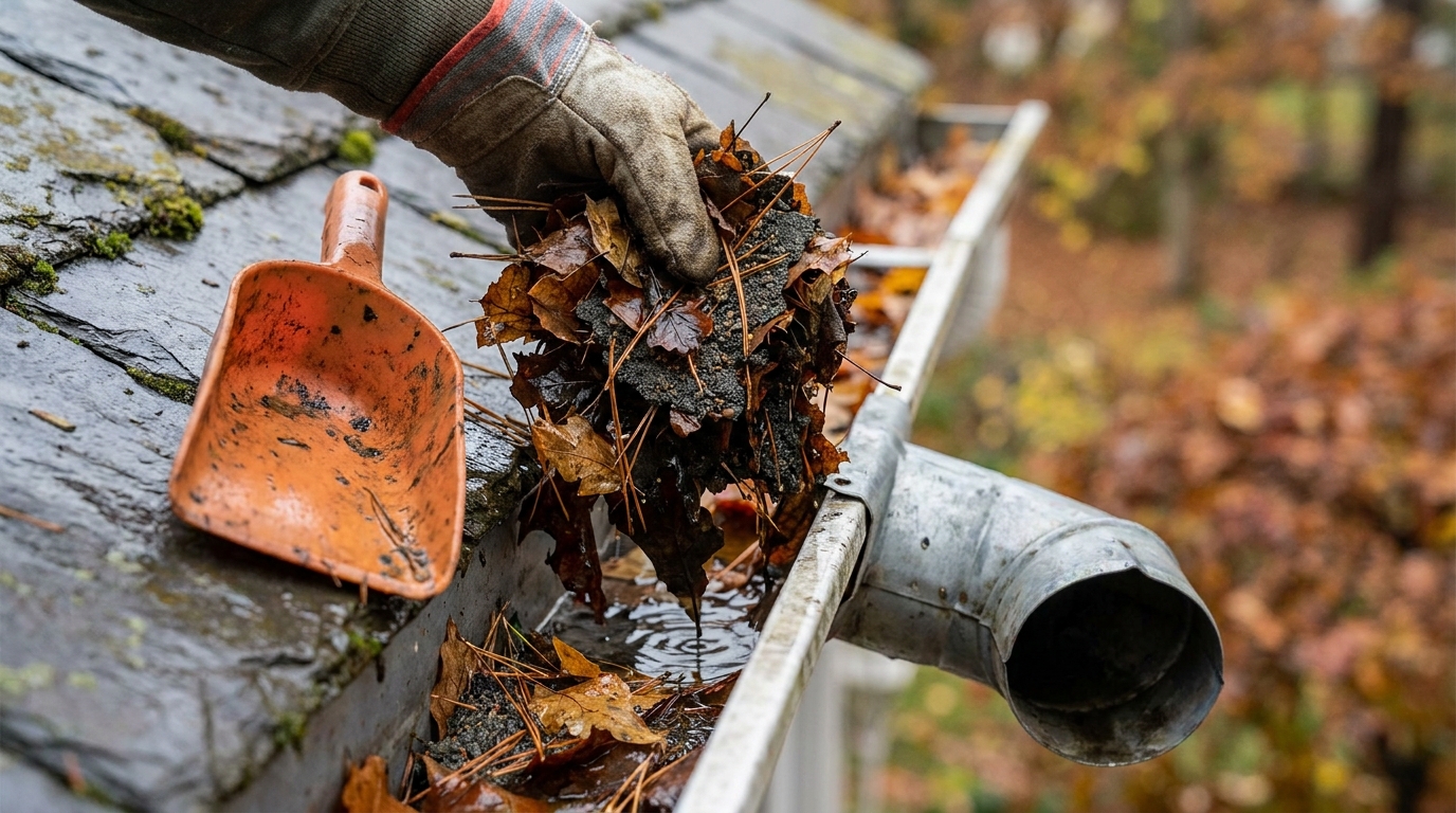 Gloved hand pulling a plug of wet leaves and shingle grit out of a residential gutter beside a downspout during a fall gutter cleaning