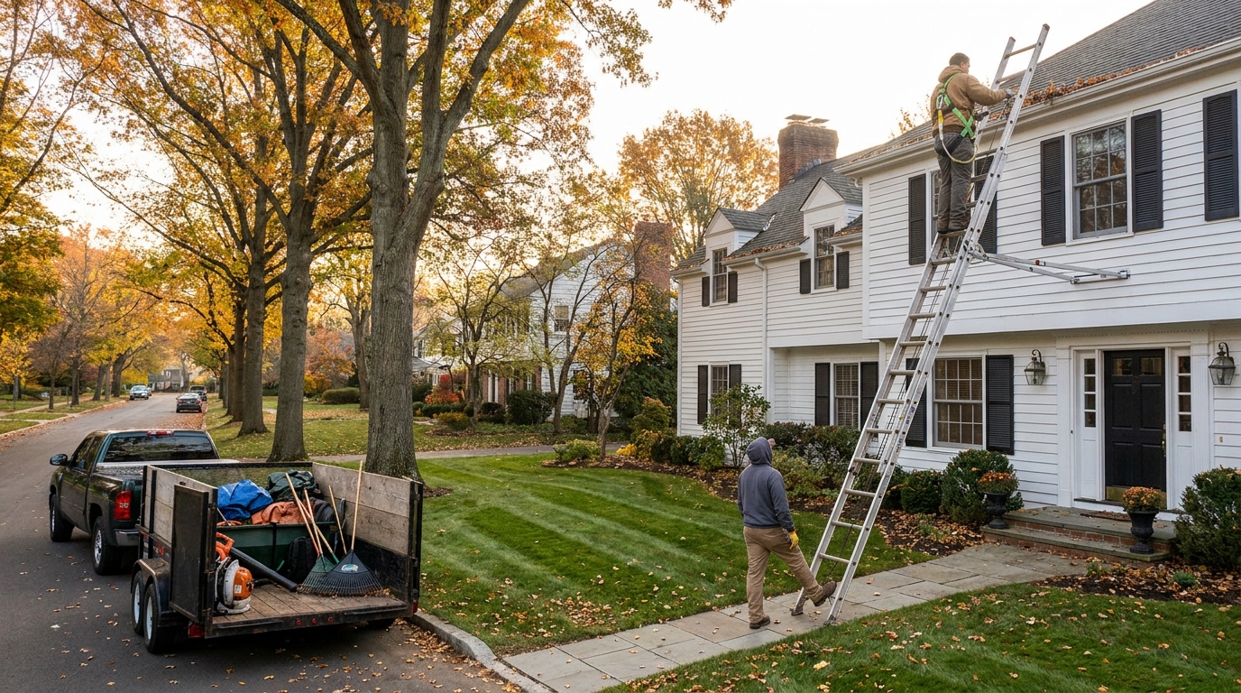 Landscaper near the top of a 28-foot extension ladder cleaning a second-story gutter while a crew member foots the ladder, lawn-care truck and trailer at the curb