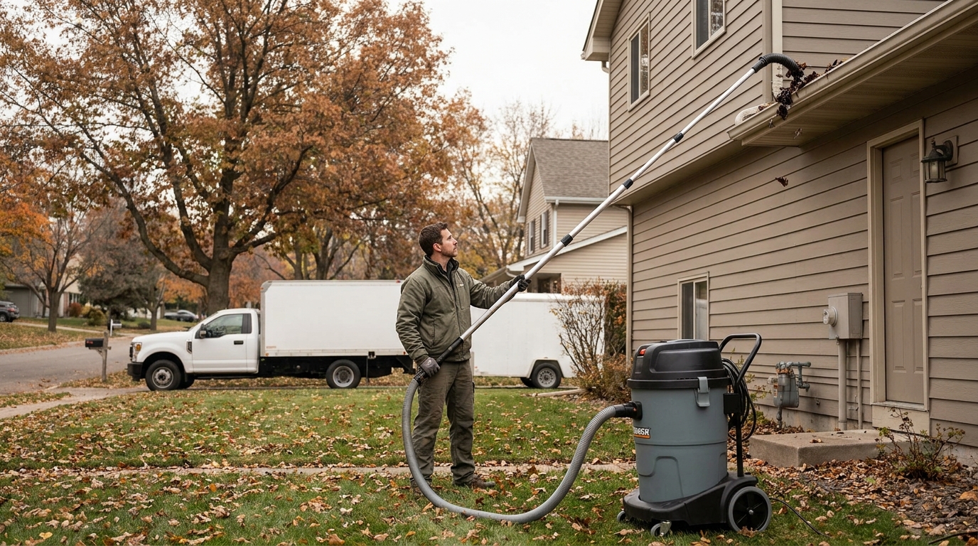 Landscaper standing on the lawn operating a ground-based gutter vacuum with a telescoping pole reaching a second-story gutter on a two-story home