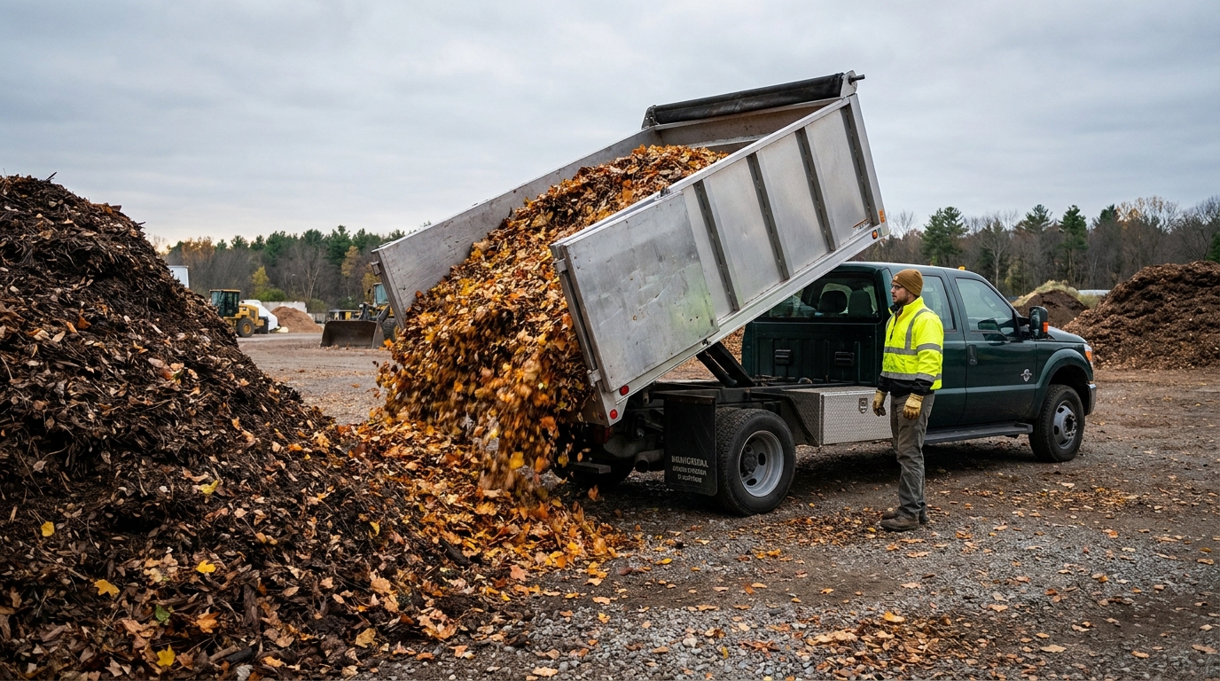 Landscaper tipping a trailer load of autumn leaves at a municipal yard-waste transfer station