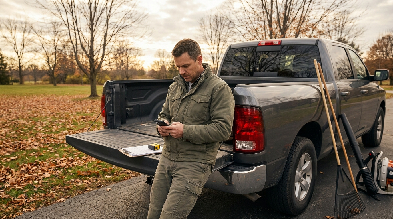 Landscaping business owner writing a fall cleanup quote at the tailgate of a work truck