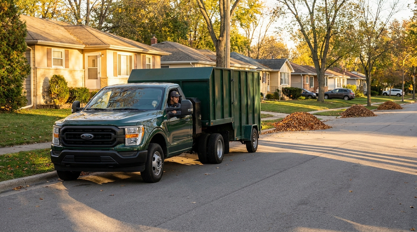 Work truck with a leaf loader trailer leaving a suburban street at the end of a short autumn day