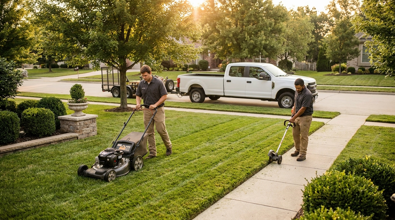 A two-person landscaping crew performing routine weekly maintenance on a suburban front yard, the kind of recurring work that drives predictable billing