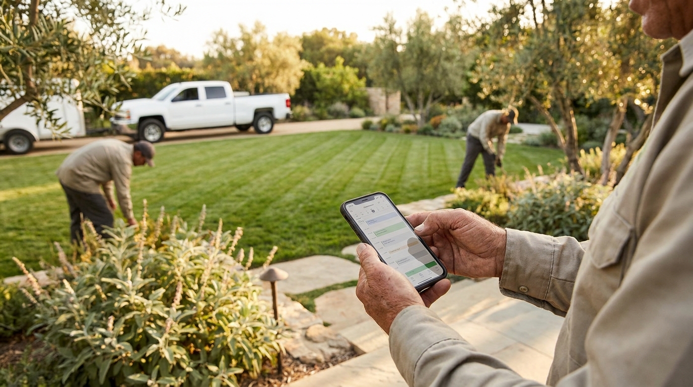 A homeowner paying a landscaping invoice by tapping a credit card to a smartphone, illustrating fast online payment collection