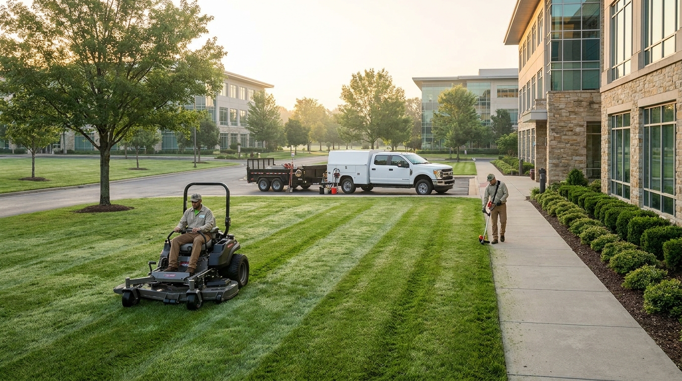 Landscaping crew mowing and edging the grounds of a commercial office park with a branded work truck parked nearby