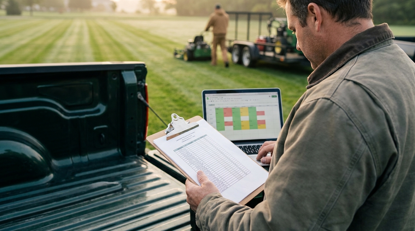 Landscaping business owner reviewing a commercial maintenance bid proposal on a clipboard next to a laptop at the tailgate of a work truck