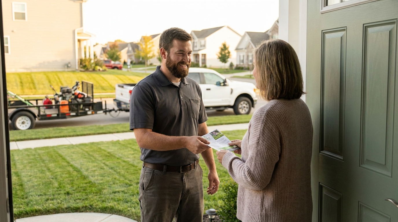 Lawn care crew member handing a flyer to a homeowner at their front door on a suburban street