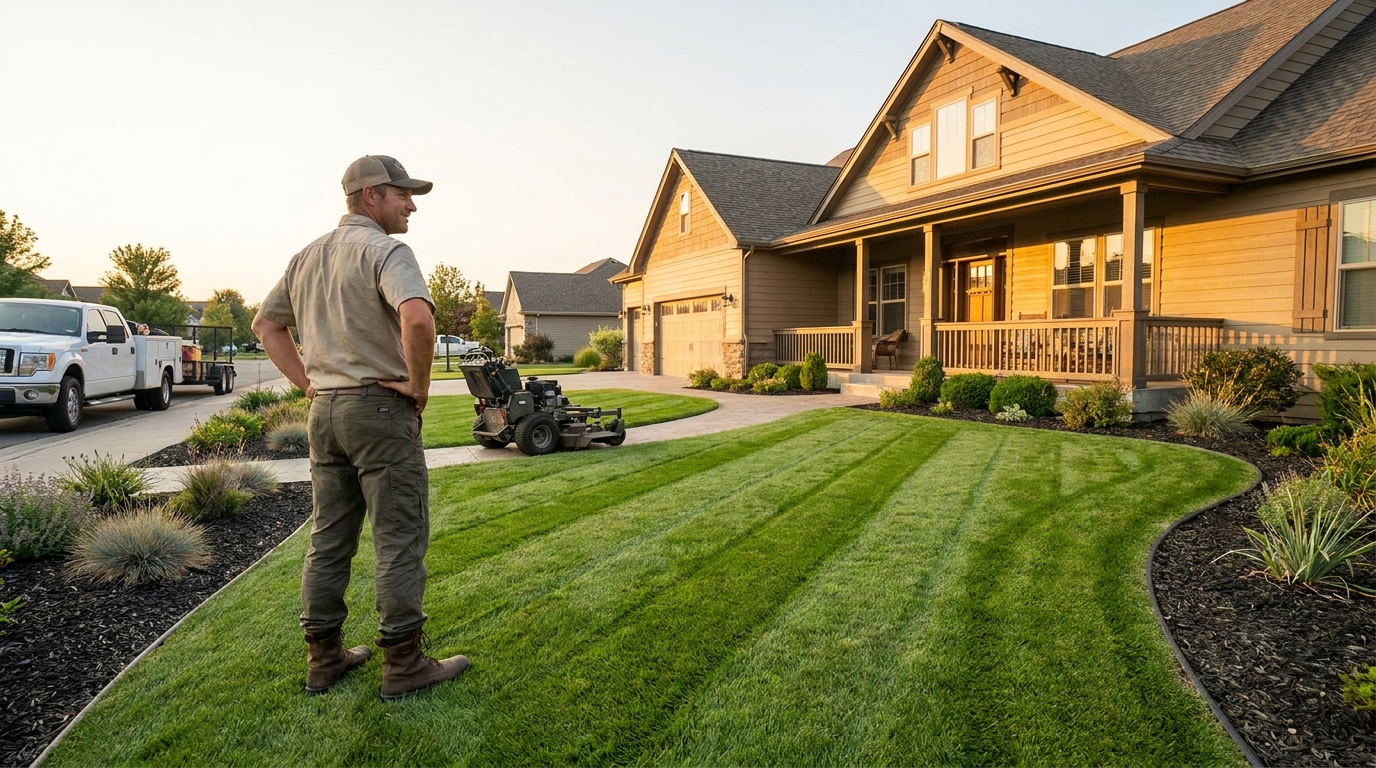 Freshly mowed front lawn with crisp mowing stripes and clean edged beds in front of a suburban home