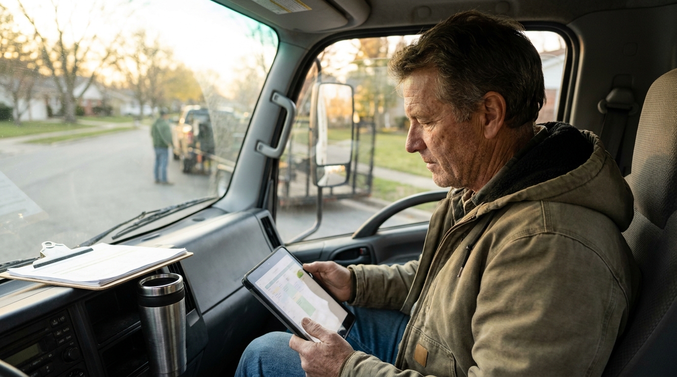 Landscaping business owner reviewing the day's job schedule on a tablet in a work truck