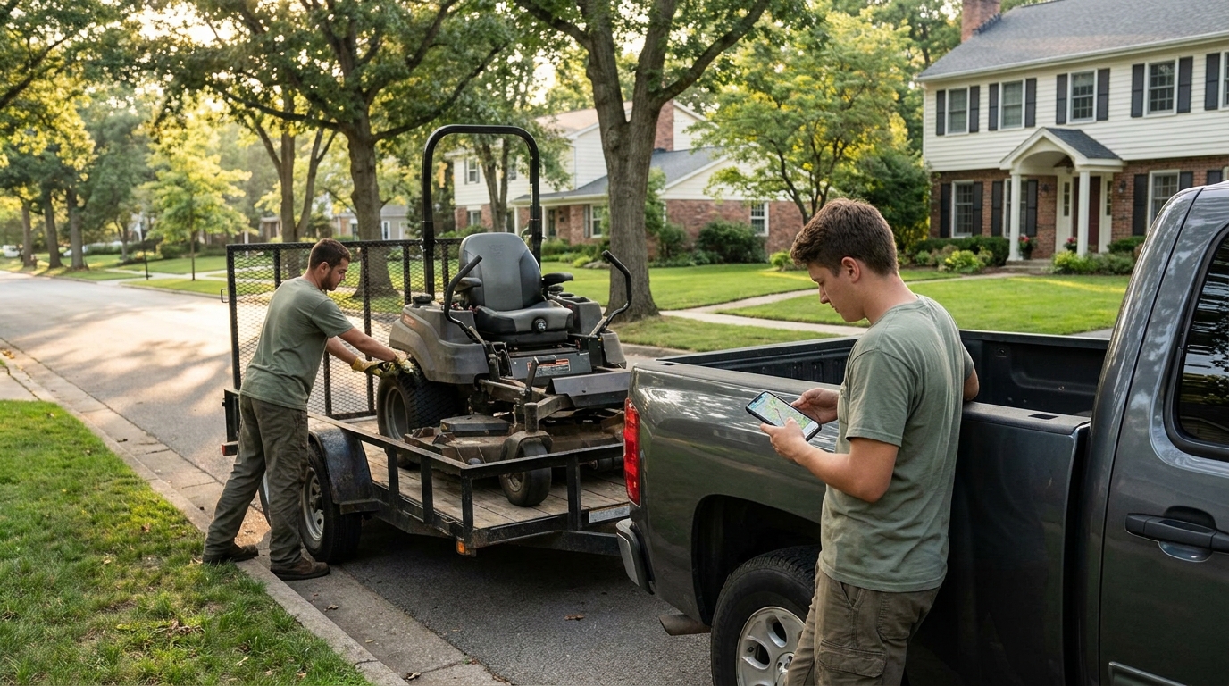 Lawn care crew loading a mower onto a trailer on a suburban street, checking the day's route