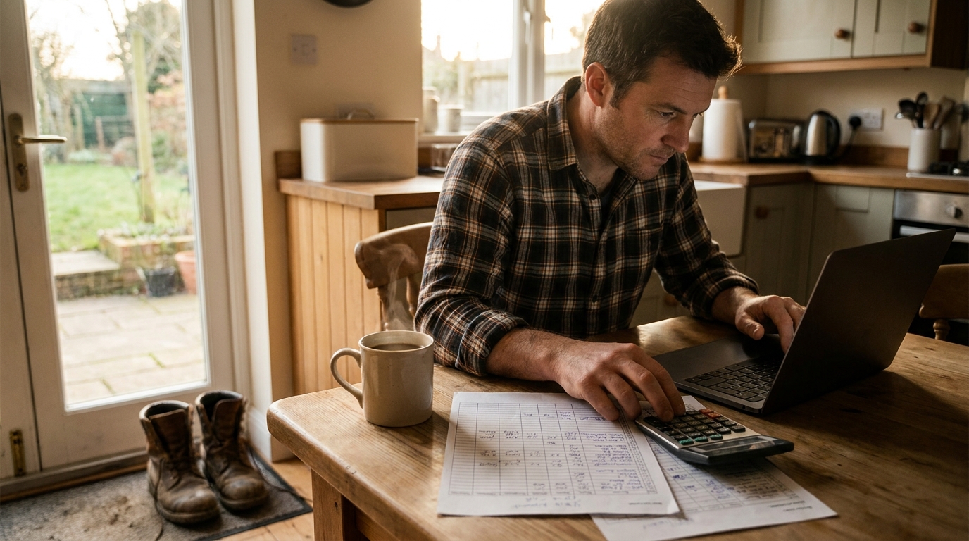 Landscaping owner working out real per-seat software costs for a crew at the kitchen table