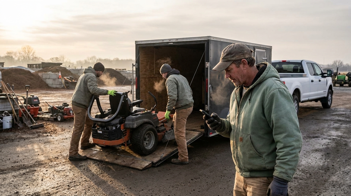 Landscaping crew loading equipment and checking the day's route at dawn