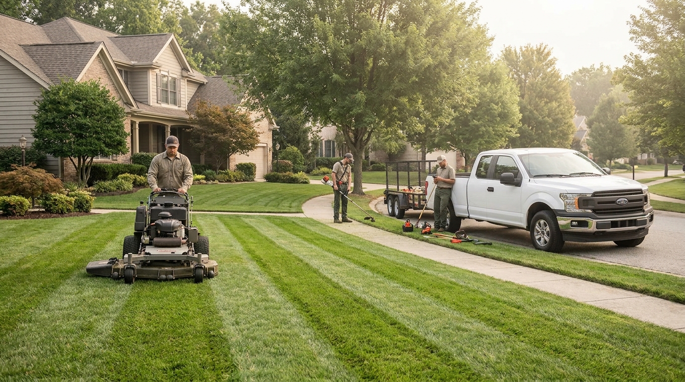 A two-person lawn care crew mowing and edging a suburban maintenance property, illustrating a recurring weekly landscaping route