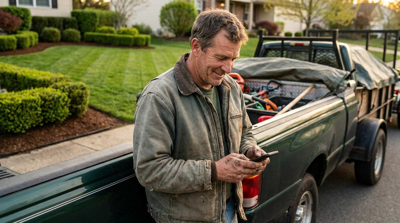 A landscaping business owner checking a payment received on his phone beside his work truck at the end of the day