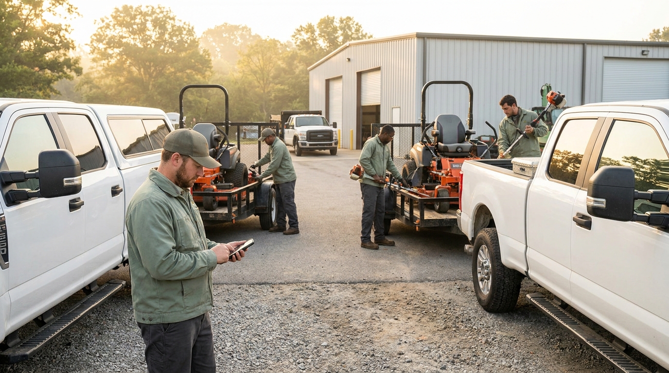 Two landscaping crews loading mowers onto branded work trucks in a depot lot at morning light