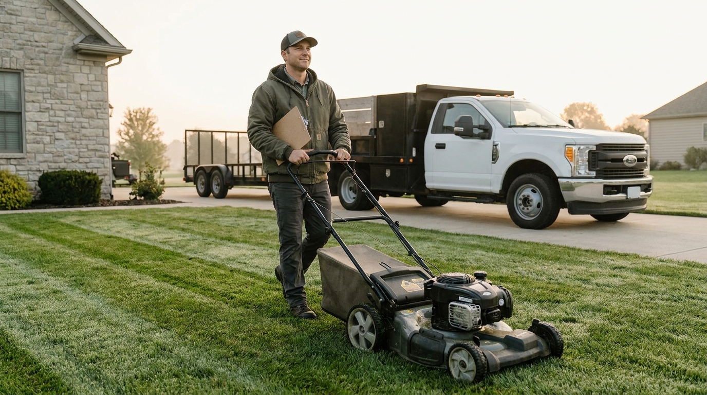 A solo lawn care professional walking a freshly striped green residential lawn behind a push mower on a bright morning