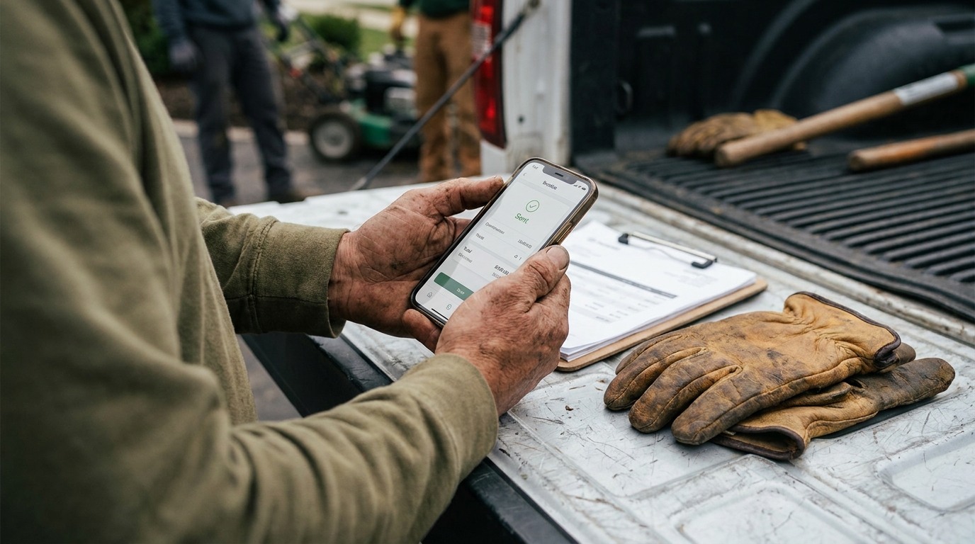 Landscaper sending a client invoice from a smartphone, comparing payment processing fees between lawn care software
