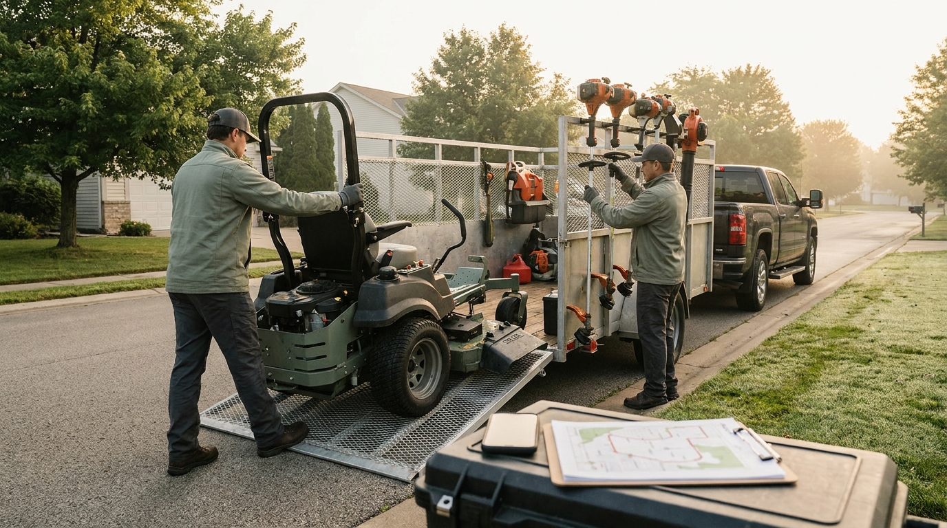 Landscaping crew loading equipment and route map at dawn, choosing scheduling software that fits the trade