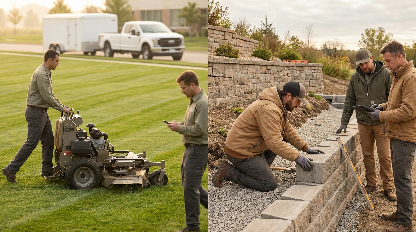 Mowing crew on a commercial lawn beside a hardscape crew setting a retaining wall - the two work types one landscaping company runs
